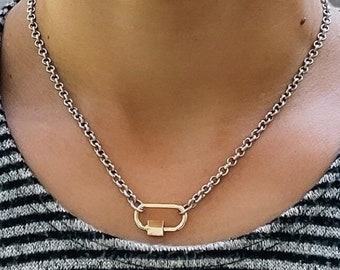 Silver Chain Screw Carabiner Necklace, Mixed Metal Necklace, Silver Rolo Belcher Necklace with Screw Lock Clasp