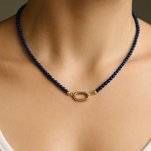 Blue Lapis Necklace with Gold Front Clasp – Blue Beaded Necklace – Non Tarnish Gold Carabiner – Dainty Layering Necklace