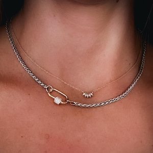 Sterling Silver Carabiner Necklace, Mixed Metal Necklace, Spiga Wheat Braided Chain