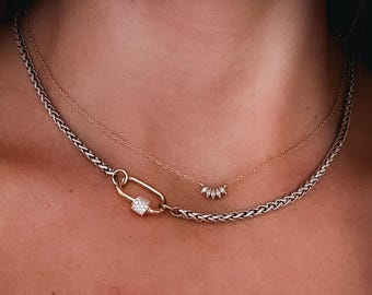 Silver Carabiner Necklace, Mixed Metal Necklace, Silver Spiga Wheat Braided Chain Necklace, Carabiner Lock Necklace