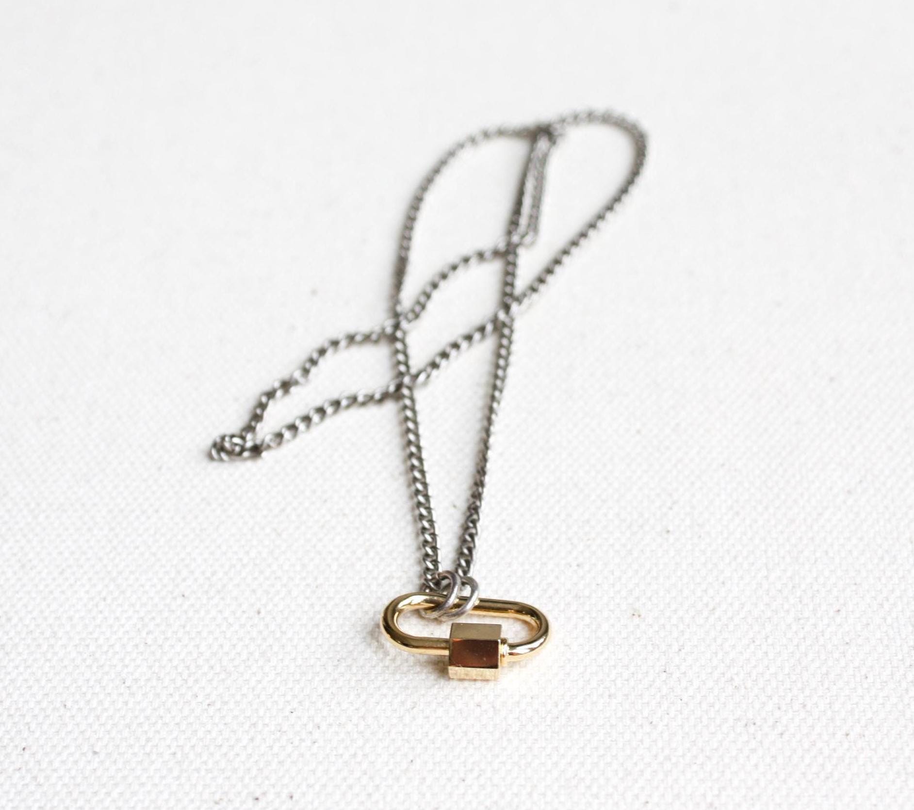 Dainty Carabiner Necklace, Two Tone Mixed Metal Necklace, Charm Holder Necklace, Minimalist Chain Necklace