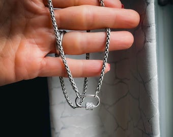 CZ Pave Carabiner Necklace, Antique Silver Wheat Chain