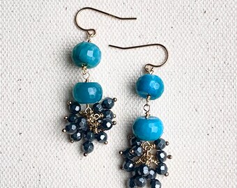 Boho Dangling Blue Stone Earrings, Turquoise Blue Agate Earrings, Beachy Earrings, Blue Statement Earrings