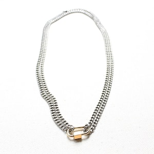 Silver Chain Carabiner Necklace, Mixed Metal Necklace, Multi Strand Chain Necklace,