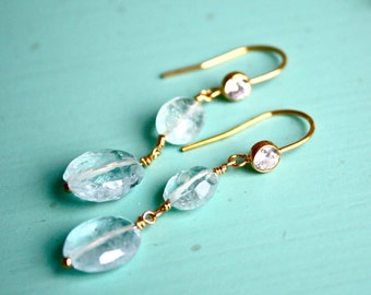 Aquamarine Earrings with Cubic Zirconia Bezel, March Birthstone Jewelry, Dangling Aquamarine Earrings