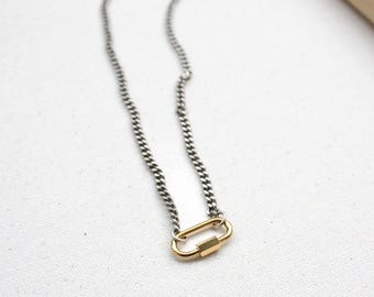 Mixed Metal Carabiner Necklace | Silver Curb Chain