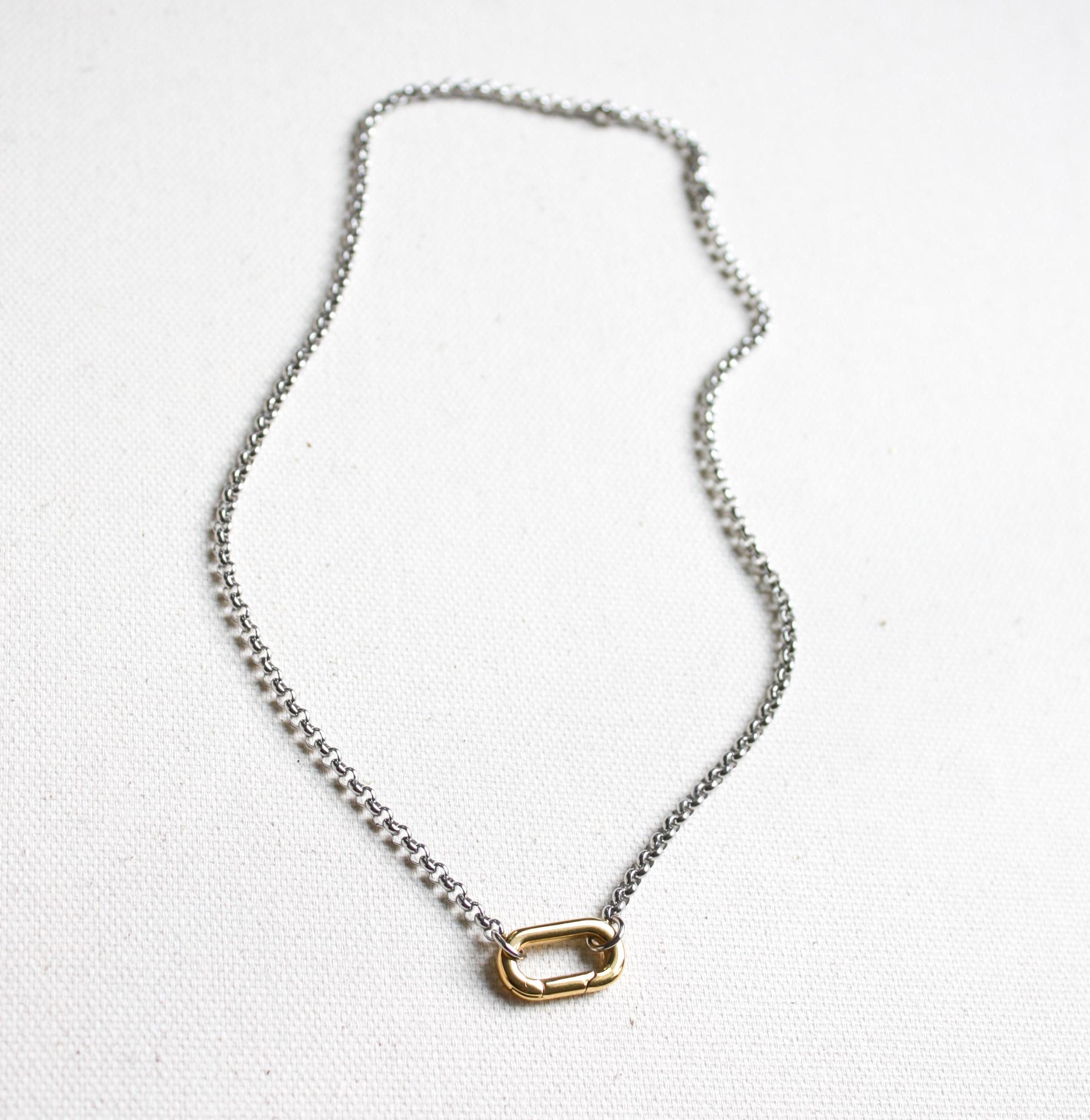 Waterproof Gold Charm Holder Necklace, Mixed Metal Carabiner Necklace, Non Tarnish 18K Gold Oval Push Clasp Necklace