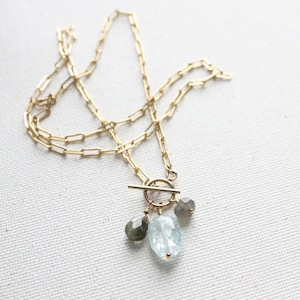 Gemstone Charm Necklace, 14k Gold Filled Paper Clip Necklace with Multiple Gemstones, Toggle Pendant Necklace