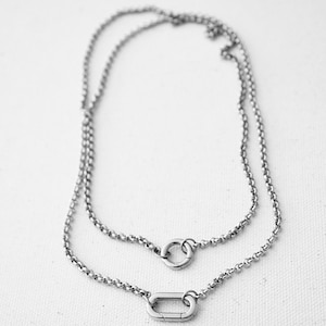 Non Tarnish Silver Charm Holder Necklace, Silver Carabiner Necklace,  Silver Oval Push Clasp Necklace