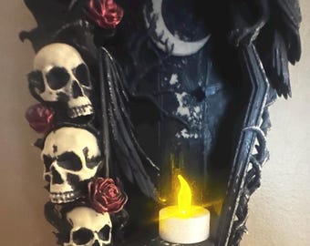 Gothic Raven Skull shadow box with Candle | Dark Gothic Decor | Raven & Skull Wall Art | shadow box | Halloween Decor | Spooky Wall