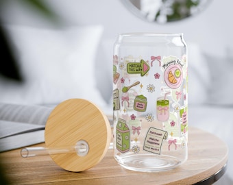 Matcha Lover Muster Sipper Glas 16oz | Edelstahl Deckel Strohhalm Becher