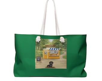 Park Coffee Cart Weekender Tasche | Grüne Umhängetasche mit Hunde Illustration