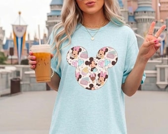 Disney Ear T-shirt, Comfort Colors,  Disney Family Shirt, Mouse Head Character Pattern Tee | Pink Hearts and Bows Shirt