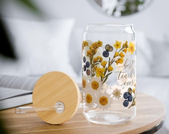Bester Lehrer aller Zeiten, Geschenk für Lehrer, LehrertagDaisy & Blaubeere Blumen Sipper Glas 16 Unzen | Zitronen Limette Botanischer Becher