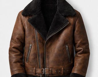 Giacca bomber da aviatore B3 da uomo in pelle di montone marrone, cappotto invernale in montone