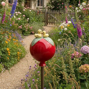 Puede incluir: Adorno de jardín rojo brillante con dos patitos amarillos en la parte superior, situado en un jardín florecido. El jardín tiene un camino de piedra, flores y una casa con rosas trepadoras en el fondo.