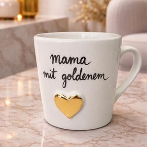 Handgjord keramikmugg med äkta guldhjärta – Personlig present till mamma, pappa, mormor, morfar | Glänsande guld | Kaffemugg 200ml
