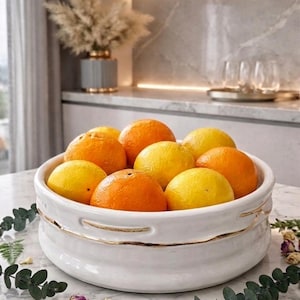 May include: A white ceramic bowl filled with oranges and lemons. The bowl has a gold trim and sits on a marble surface. Dried flowers and greenery surround the bowl, creating a decorative display.