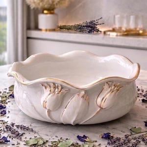 May include: A white ceramic bowl with a scalloped rim and gold trim. The bowl features embossed tulip designs and is surrounded by dried lavender and blue flowers. A decorative piece for the home.