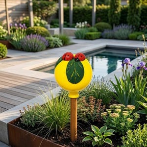 May include: A yellow garden stake with a leaf design and two red ladybugs on top. The stake is set in a garden bed with various plants and flowers, with a pool and patio in the background.