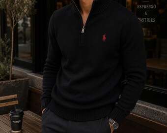 Herren Viertel-Reißverschluss, schwarzer Strickpullover, Pullover-Strickoberteil, Langarm-lässige Strickkleidung, Smart-Winteroberteil, Geschenk für Ihn