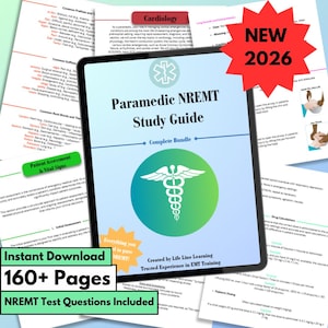Puede incluir: Una guía de estudio digital Paramedic NREMT en una tableta, con un símbolo médico y el texto "Complete Bundle". La imagen incluye el texto "Descarga instantánea", "160+ páginas" y "NREMT Test Questions Included". Una estrella roja dice "NEW 2026".
