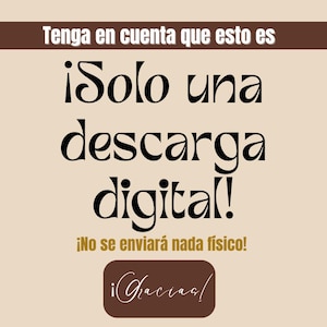 Może przedstawiać: Ogłoszenie o pobieraniu cyfrowym w języku hiszpańskim. Tekst brzmi "Tenga en cuenta que esto es &iexcl;Solo una descarga digital! &iexcl;No se enviar&aacute; nada f&iacute;sico! &iexcl;Gracias!" na beżowym tle z brązowymi akcentami.