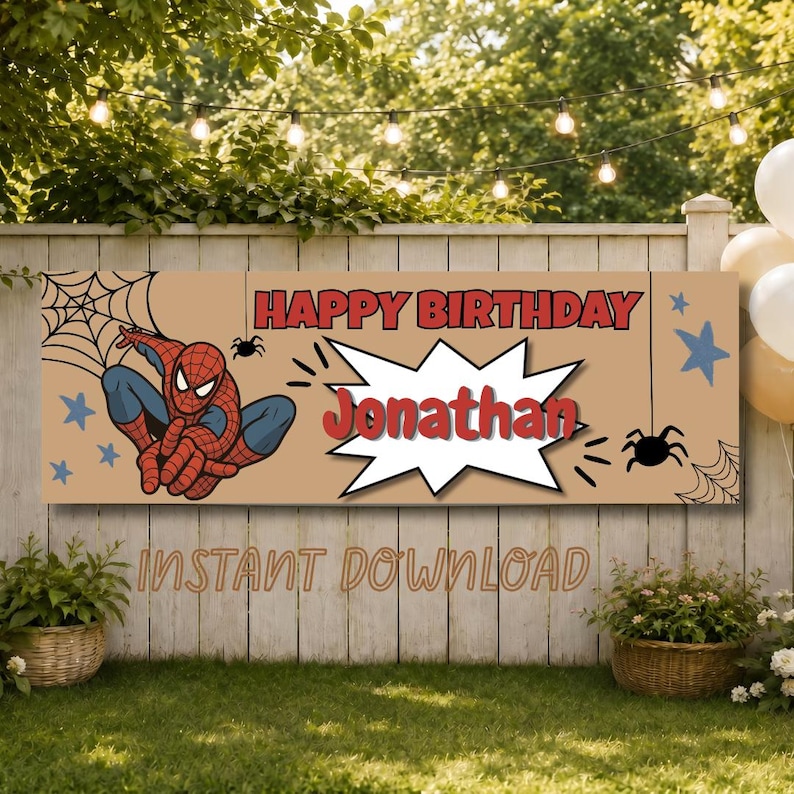 May include: A rectangular birthday banner with a tan background featuring a red and blue superhero character, black spiderwebs, spiders, and blue stars. The text reads HAPPY BIRTHDAY in red and the name Jonathan in red inside a white comic burst.