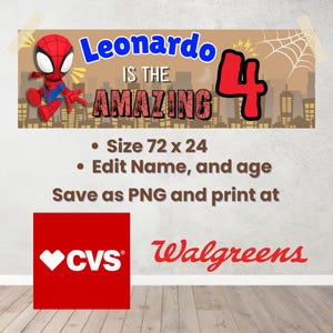 Może przedstawiać: Baner urodzinowy z Spider-Manem i napisem "Leonardo jest Niesamowity 4". Baner przeznaczony na czwarte urodziny. Rozmiar to 183 x 61 cm. Baner można edytować z imieniem i wiekiem i wydrukować w CVS lub Walgreens.