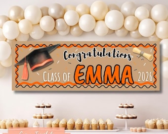 Plantilla editable de pancarta de graduación naranja y negra – Decoración de fiesta pintada a mano (descarga digital) - Clase de 2026