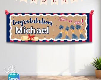 Plantilla editable de pancarta de graduación azul y roja – Decoración de fiesta pintada a mano (descarga digital) - Clase de 2026