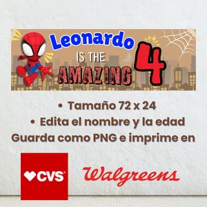 Może przedstawiać: Baner z napisem "Leonardo IS THE AMAZING 4" i grafiką Spider-Mana, odpowiedni na czwarte urodziny. Baner ma tło z krajobrazem miejskim. Baner ma wymiary 183 x 61 cm.