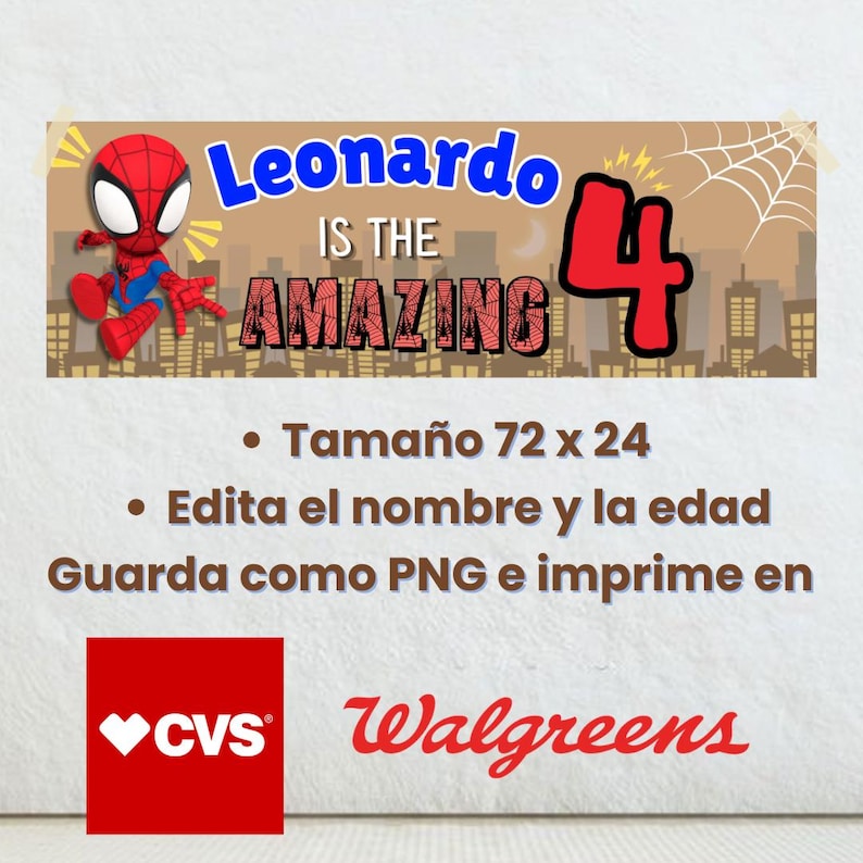Może przedstawiać: Baner z napisem "Leonardo IS THE AMAZING 4" i grafiką Spider-Mana, odpowiedni na czwarte urodziny. Baner ma tło z krajobrazem miejskim. Baner ma wymiary 183 x 61 cm.