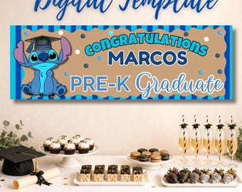 Plantilla de pancarta de graduación preescolar con diseño de costura – Decoración de fiesta pintada a mano (Descarga digital) - Clase de 2026 / Plantilla de Canva