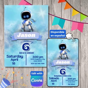 Puede incluir: Una invitación de cumpleaños con un diseño de robot azul y blanco. La invitación incluye el nombre "Jason", el número "6" y los detalles del evento. El diseño está disponible en inglés y español, con una opción para editar con Canva.