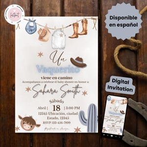 May include: A digital baby shower invitation with a cowboy theme. The design includes watercolor illustrations of cowboy boots, a hat, and baby clothes hanging on a clothesline. The invitation features the text "Un Vaquerito viene en camino" and event details.