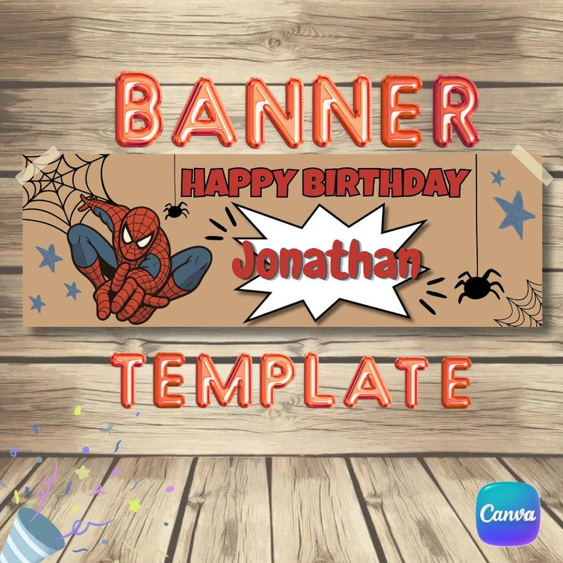 May include: A rectangular birthday banner featuring the text BANNER at the top and TEMPLATE at the bottom in red balloon letters. The centre displays HAPPY BIRTHDAY, a red Spider-Man illustration, spider webs, spiders, stars, and Jonathan.