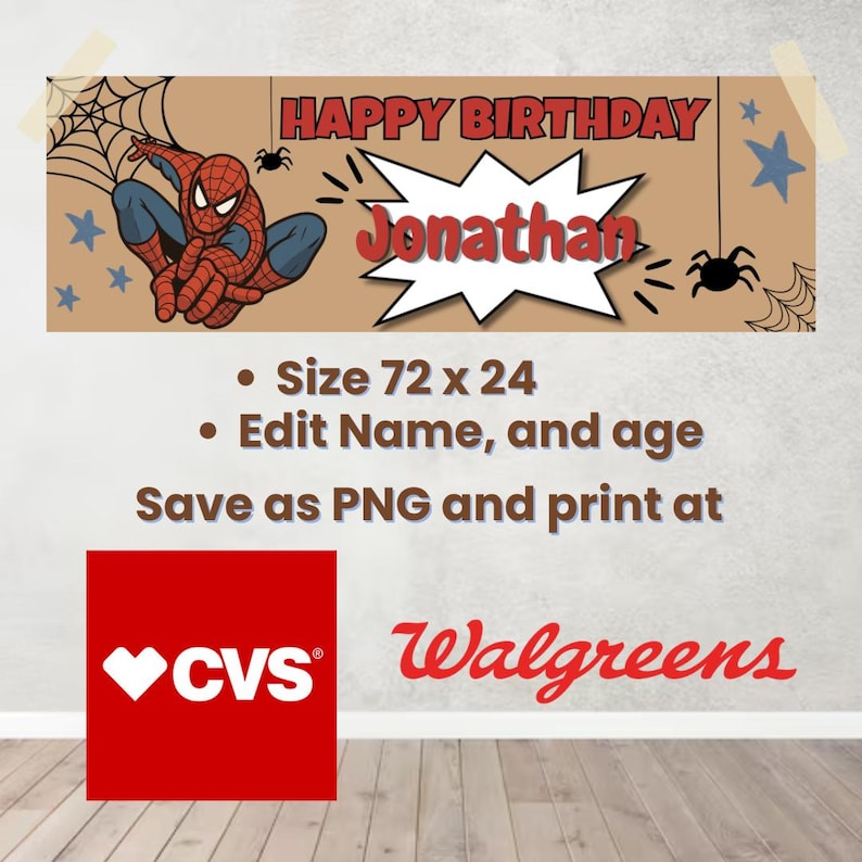 May include: A rectangular birthday banner featuring a tan background with a red and blue Spider-Man character, black spider webs, and spiders. The text reads HAPPY BIRTHDAY and Jonathan in red letters. It includes instructions for size 183 x 61 cm.