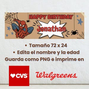 May include: A rectangular banner featuring a red and blue superhero character, spider webs, and black spiders on a tan background. The text reads HAPPY BIRTHDAY in red and Jonathan in red within a white starburst shape. Blue stars are also present.