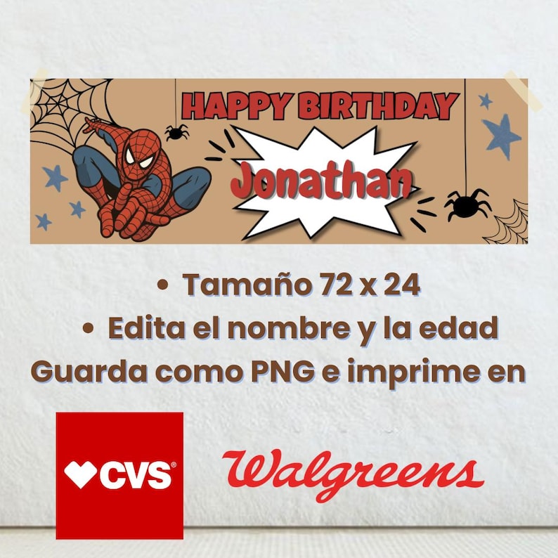 May include: A rectangular banner featuring a red and blue superhero character, spider webs, and black spiders on a tan background. The text reads HAPPY BIRTHDAY in red and Jonathan in red within a white starburst shape. Blue stars are also present.