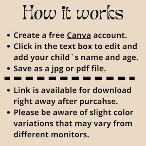 May include: An instructional graphic with black text on a light beige background titled How it works. It lists steps to create a Canva account, edit text for a child's name and age, and save files. It notes a download link and colour variations.