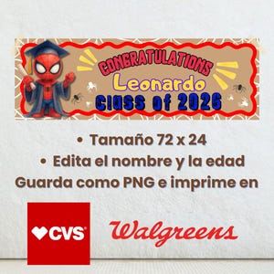 Puede incluir: Una pancarta con Spider-Man con birrete, con el texto "CONGRATULATIONS Leonardo CLASS OF 2026". La pancarta es marr&oacute;n con detalles rojos y amarillos. La pancarta mide 183 x 61 cm.