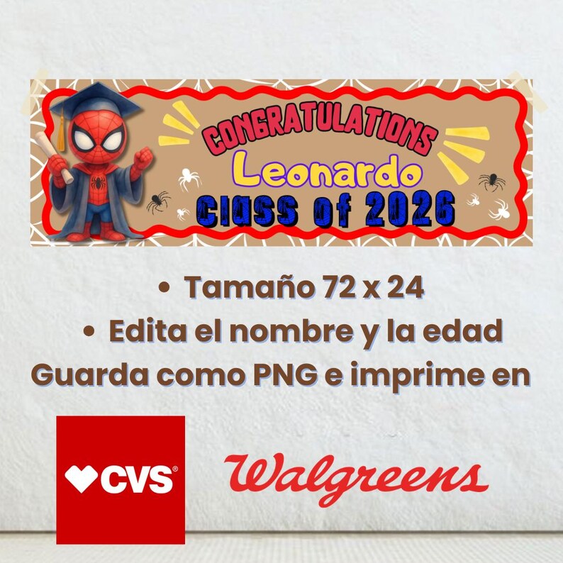 Puede incluir: Una pancarta con Spider-Man con birrete, con el texto "CONGRATULATIONS Leonardo CLASS OF 2026". La pancarta es marr&oacute;n con detalles rojos y amarillos. La pancarta mide 183 x 61 cm.