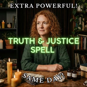 May include: An image featuring a woman with red hair, with the text "EXTRA POWERFUL!" at the top. The words "TRUTH & JUSTICE SPELL" are in the center, and "SAME DAY!" is at the bottom. Lit candles and bottles are on the table.