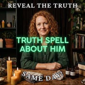 May include: A woman with red curly hair is the central figure in this image, with the text "Reveal the Truth" and "Truth Spell About Him". Lit candles, bottles, and the text "Same Day!" are also visible.