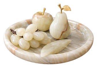 Handgeschnitztes Onyx-Fruchtset mit Tablett - Natursteindekor, luxuriöses Herzstück