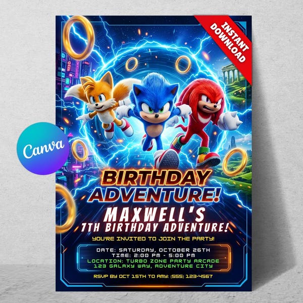 Sonic Birthday Invitation, Editable Canva Template, Kids Party Invite (Digital Download)