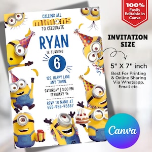 May include: A birthday party invitation featuring Minions characters. The invitation is for a child named Ryan, who is turning 6. The invitation is 5" x 7" and includes the party details: date, time, location, and RSVP information.