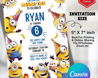 Minions Birthday Invitation Template, Yellow Crew Bday Invite, Kids Party Invite, Printable Birthday Invite, Digital Download, Edit On Canva