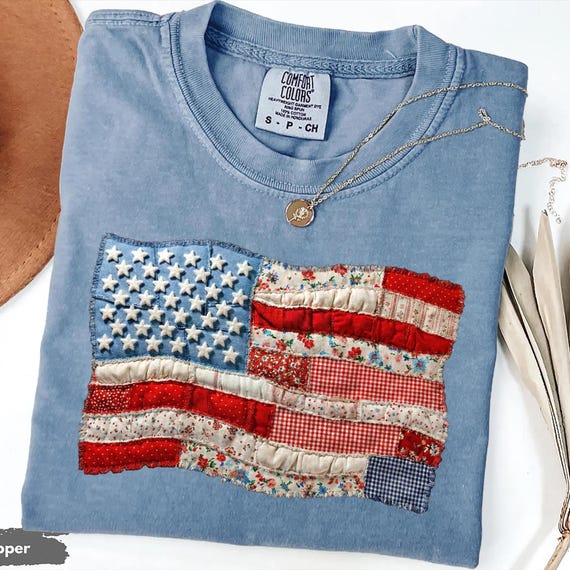 Faux Patchwork USA Comfort Colors: 4th of July T-Shirt, Retro American Flag Tee
